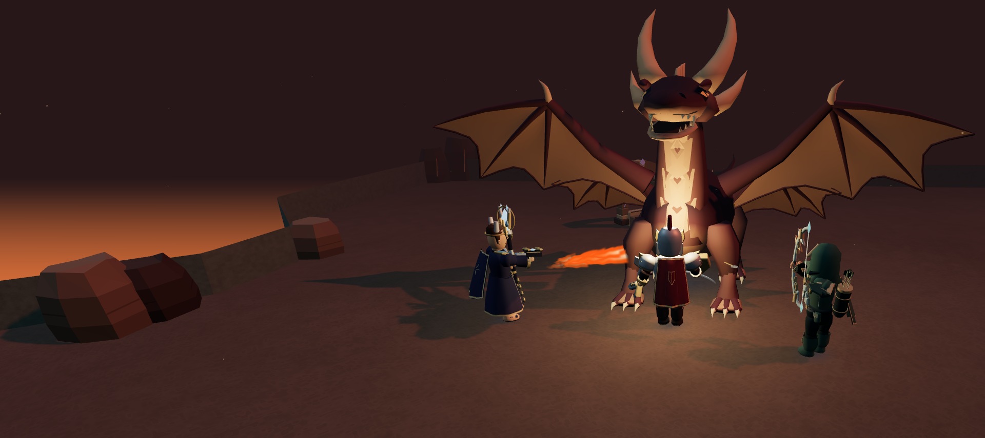 Warrior, Ranger and Mage facing the dragon Azhurel in Tiborn’s 3D world